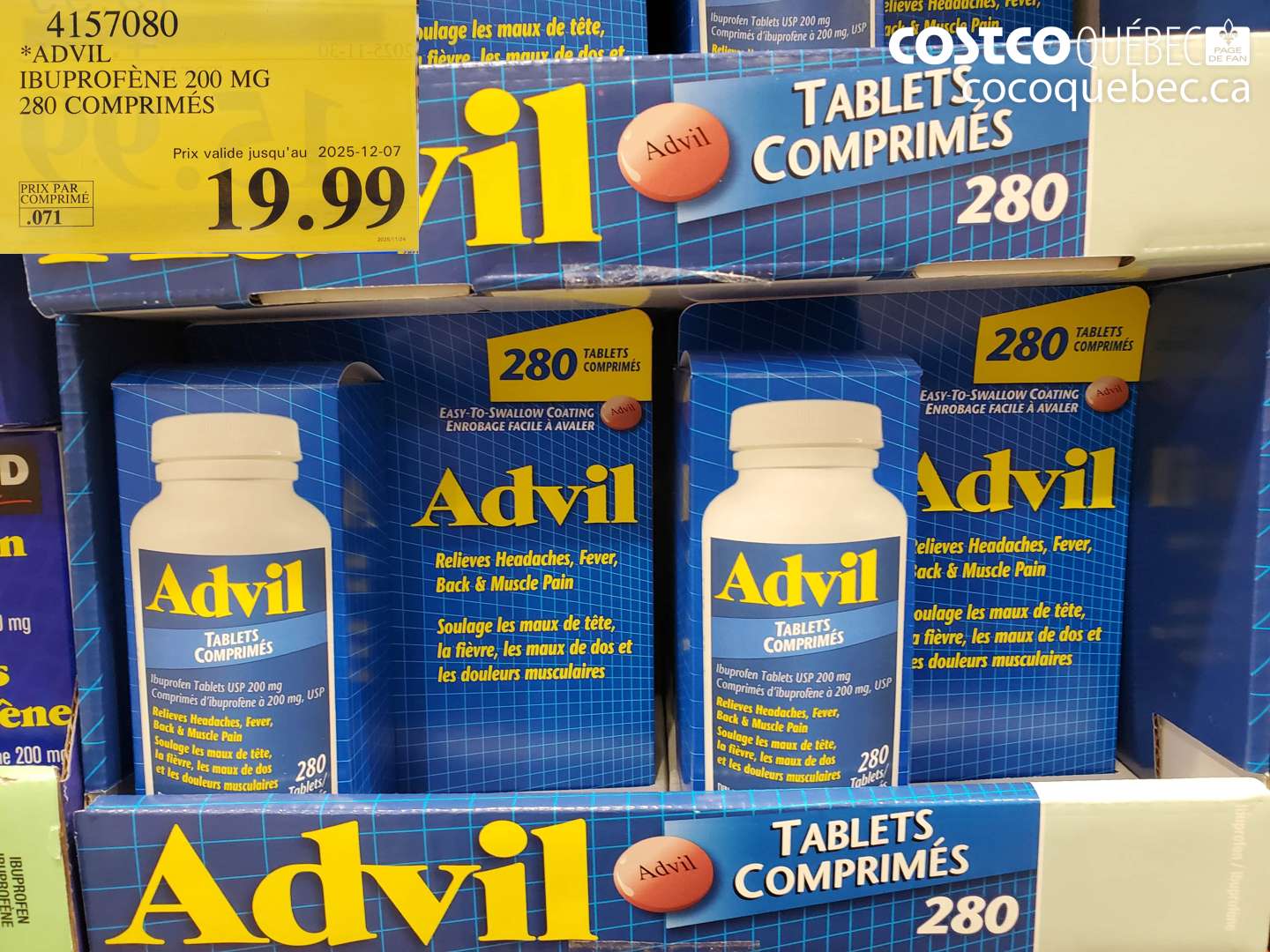 4157080 ADVIL IBUPROFENE 200 MG 280 COMPRIMES (EXPIRES ON 2025-12-07) $19.99