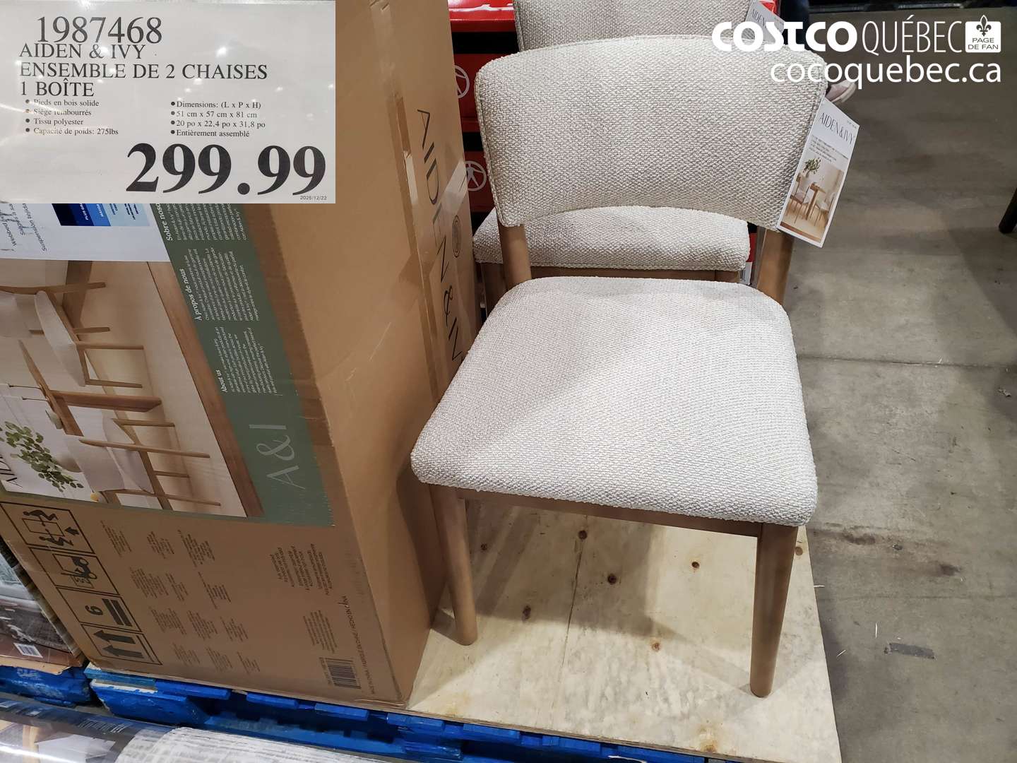 1987468 AIDEN & IVY ENSEMBLE DE 2 CHAISES 1 BOITE $299.99