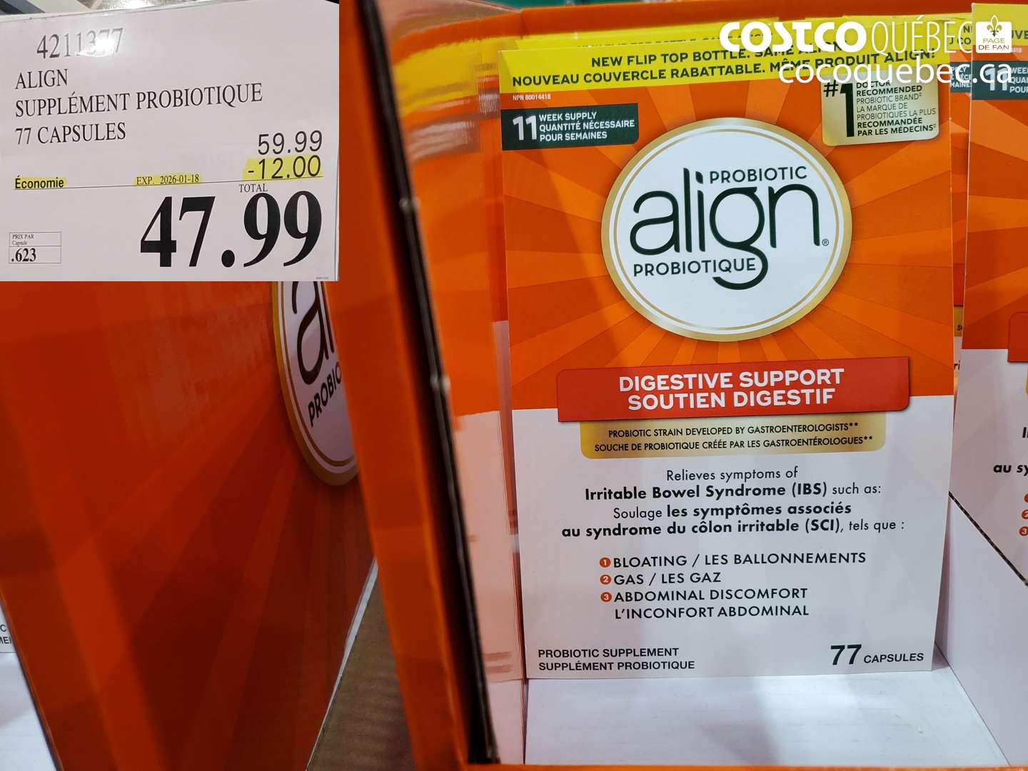 4211377 ALIGN SUPPLÉMENT PROBIOTIQUE 71 CAPSULES ($12.00 INSTANT SAVINGS EXPIRES ON 2026-01-18) $47.99