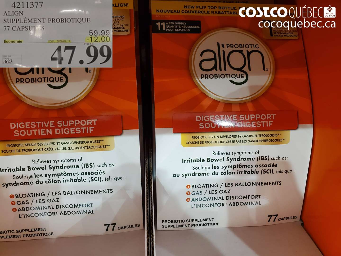 4211377 ALIGN SUPPLÉMENT PROBIOTIQUE 77 CAPSULES ($12.00 INSTANT SAVINGS EXPIRES ON 2026-01-18) $47.99