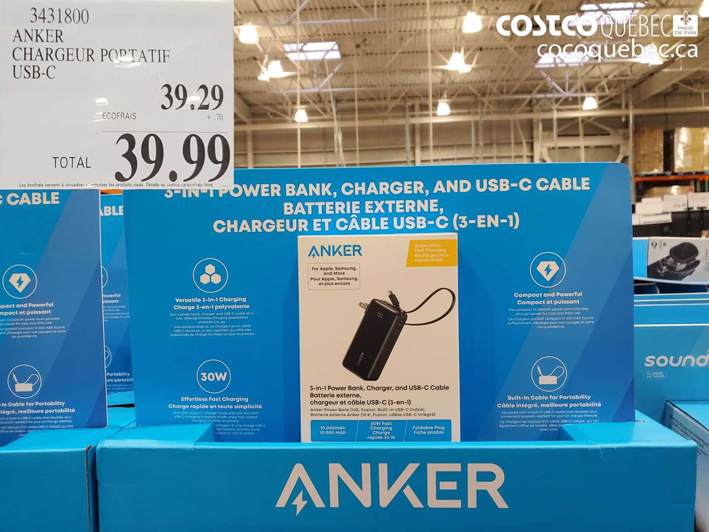 3431800 ANKER CHARGEUR PORTATIF USB-C $39.99