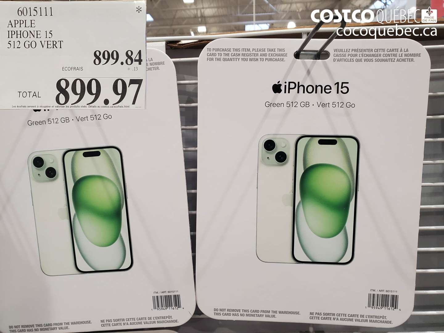 6015111 APPLE IPHONE 15 512 GO VERT $899.97