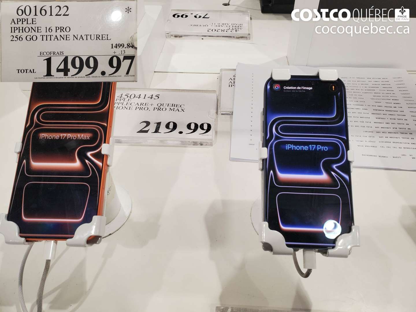 6016122 APPLE IPHONE 16 PRO 256 GO TITANE NATUREL $1499.97