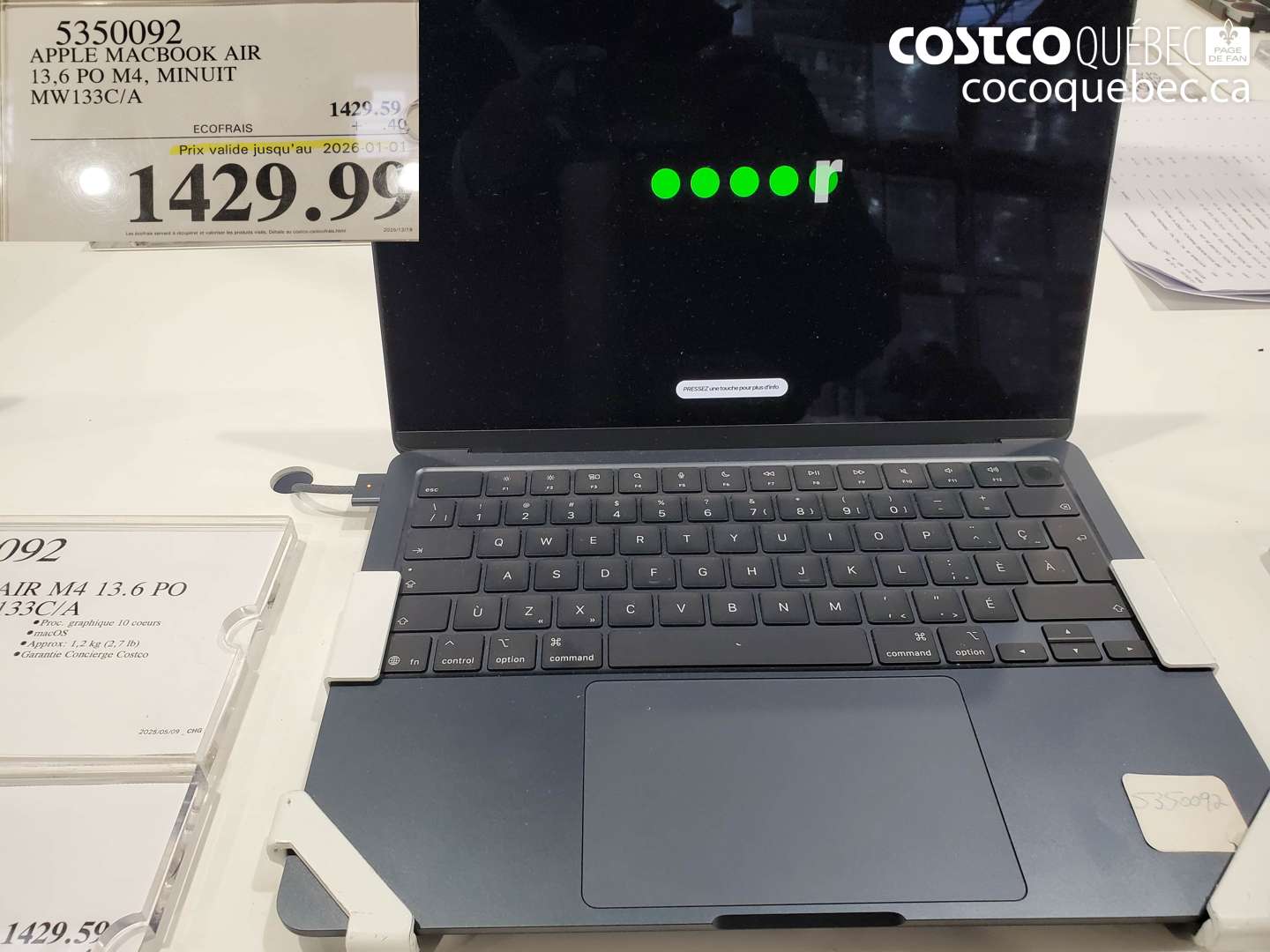 5350092 APPLE MACBOOK AIR 13,6 PO M4, MINUIT MW133C/A (EXPIRES ON 2026-01-01) $1429.99