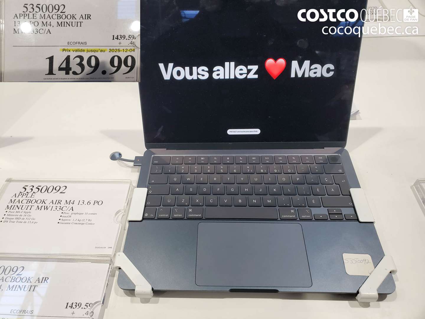 5350092 APPLE MACBOOK AIR 13,6 PO M4, MINUIT  (EXPIRES ON 2025-12-04) $1439.99