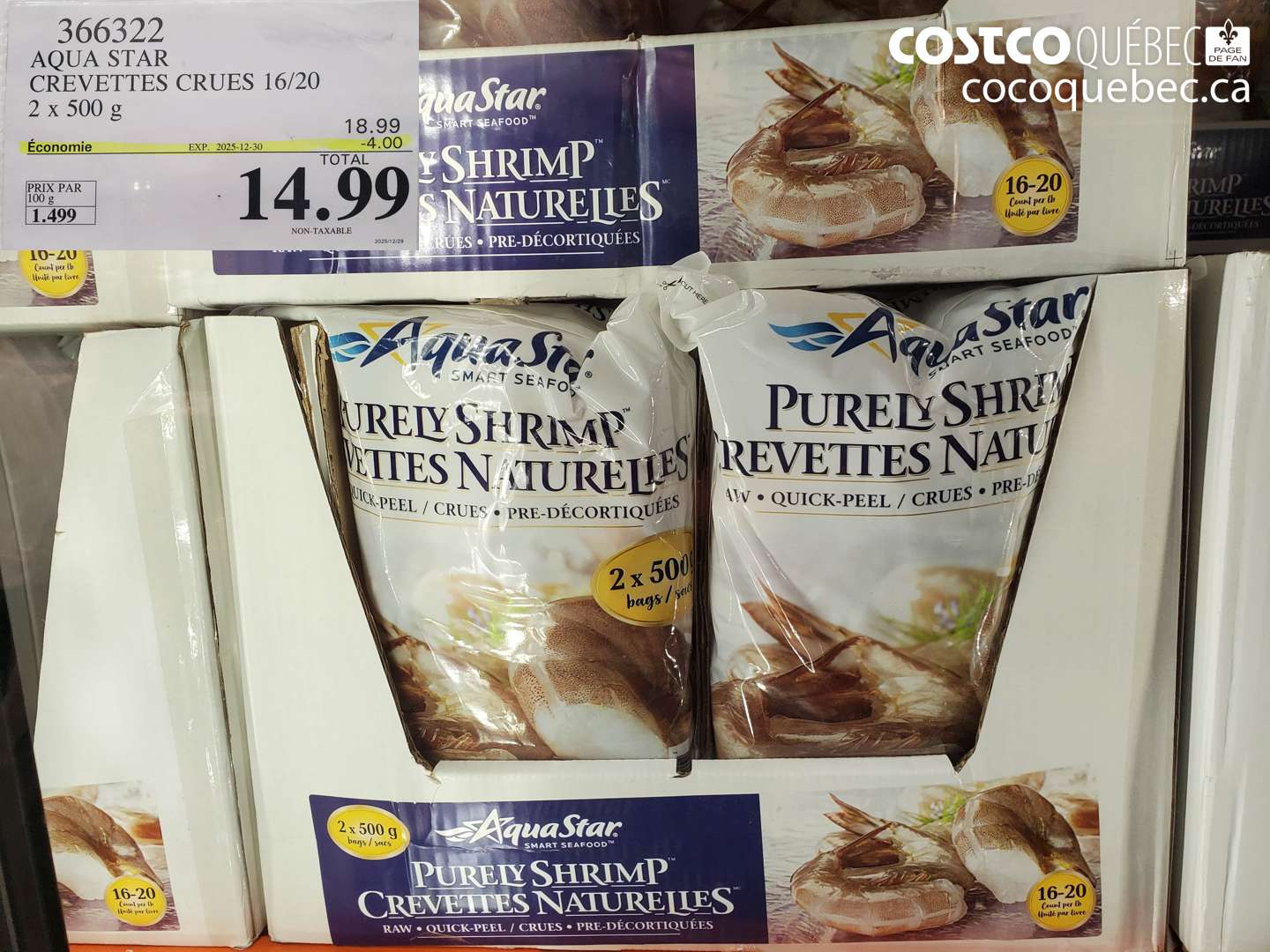 366322 AQUA STAR CREVETTES CRUES 16/20 2 x 500 g ($4.00 INSTANT SAVINGS EXPIRES ON 2025-12-30) $14.99