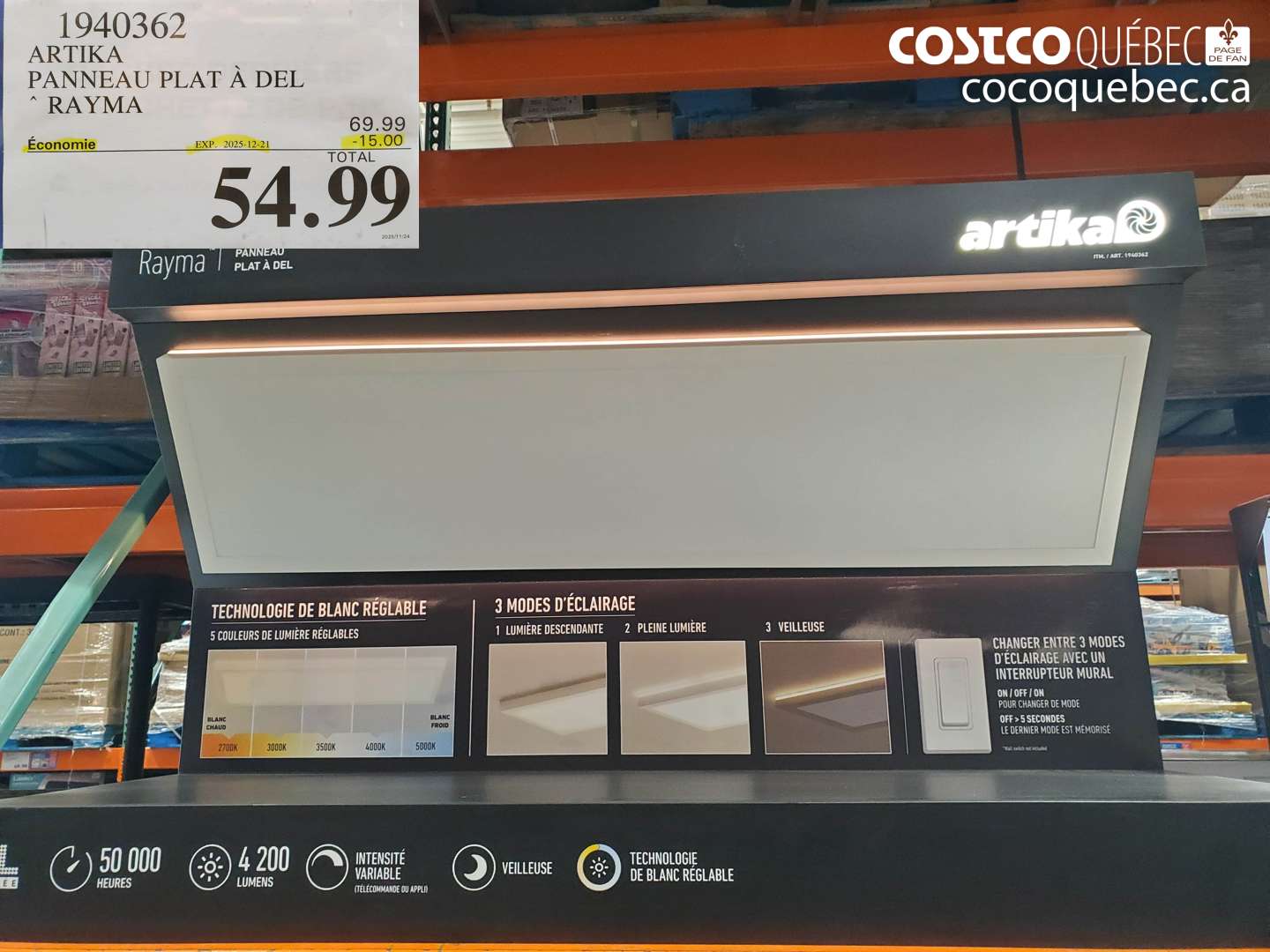 1940362 ARTIKA PANNEAU PLAT À DEL RAYMA ($15.00 INSTANT SAVINGS EXPIRES ON 2025-12-21) $54.99