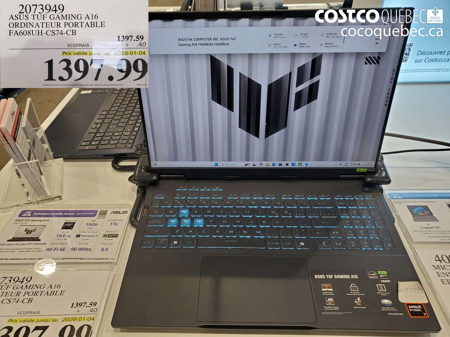 2073949 ASUS TUF GAMING A16 ORDINATEUR PORTABLE FA608UH-CS74-CB (EXPIRES ON 2026-01-04) $1397.99