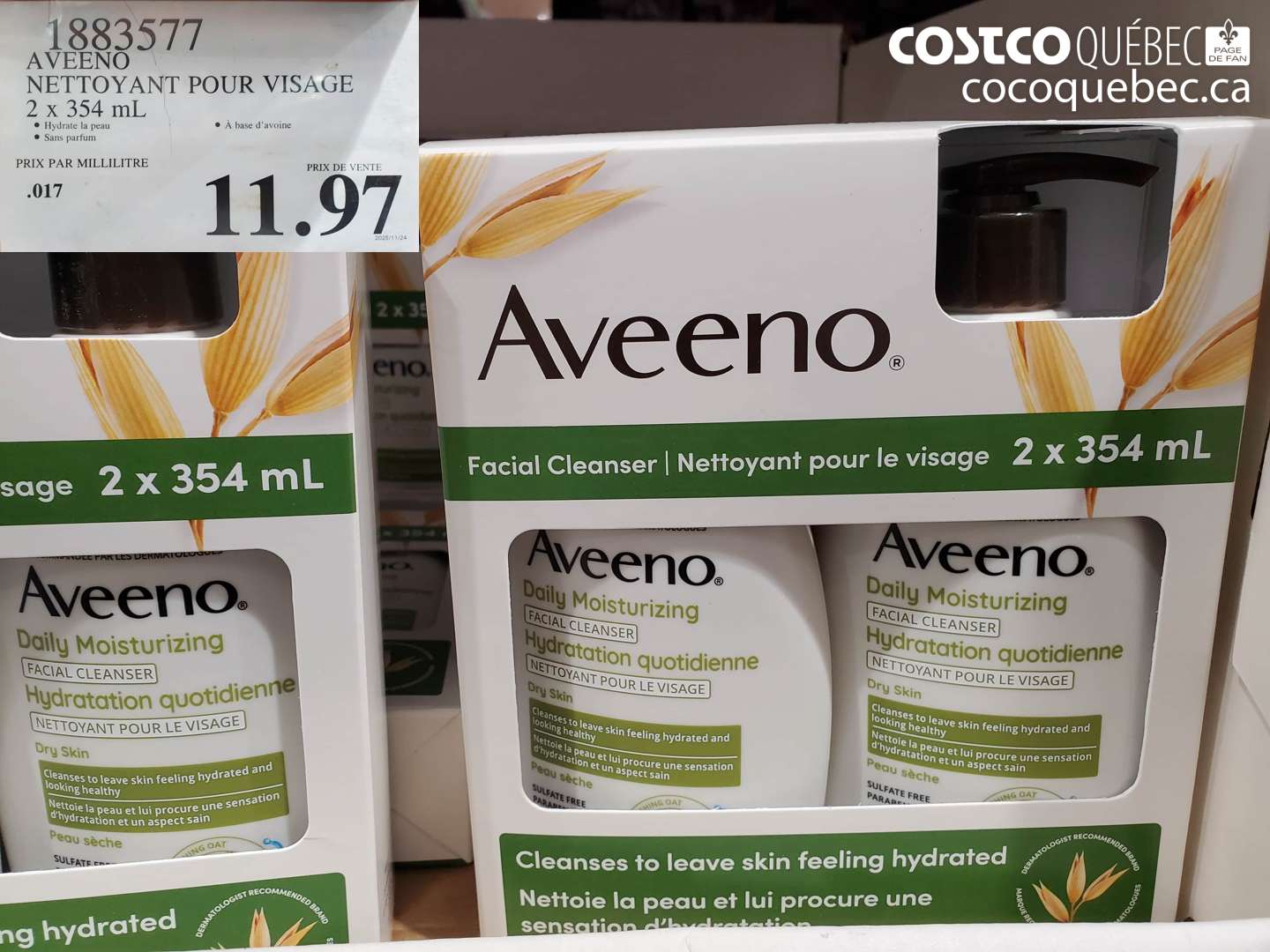 1883577 AVEENO NETTOYANT POUR VISAGE 2 x 354 mL $11.97