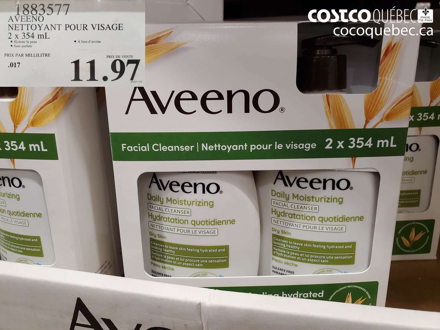 1883577 AVEENO NETTOYANT POUR VISAGE 2 x 354 mL $11.97