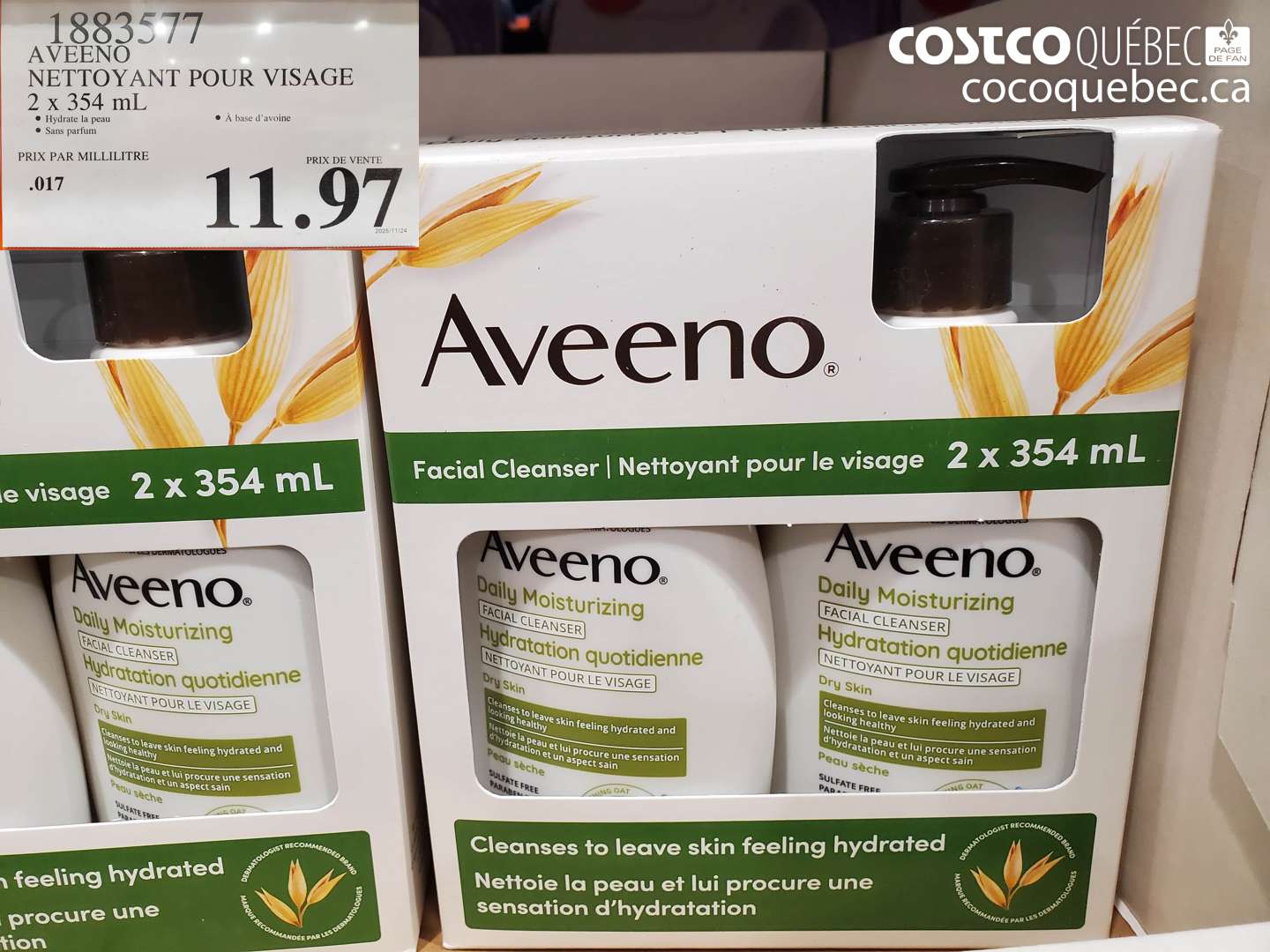 1883577 AVEENO NETTOYANT POUR VISAGE 2 x 354 mL $11.97