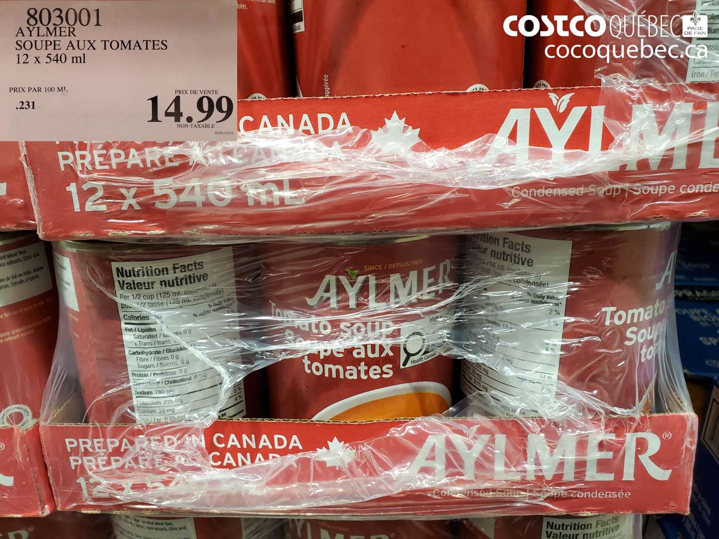 803001 AYLMER SOUPE AUX TOMATES 12 x 540 ml $14.99