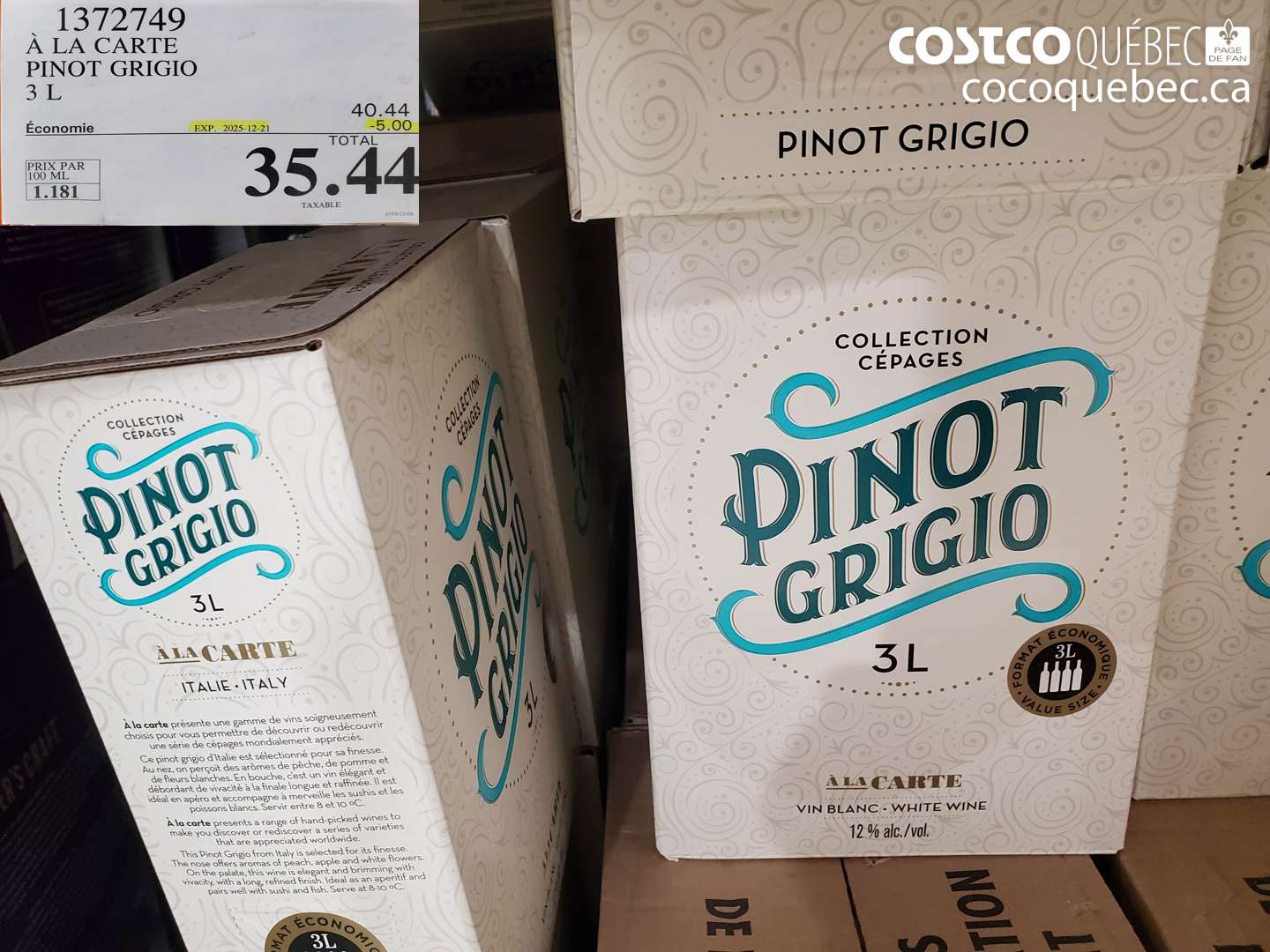 1372749 À LA CARTE PINOT GRIGIO 3 L ($5.00 INSTANT SAVINGS EXPIRES ON 2025-12-21) $35.44