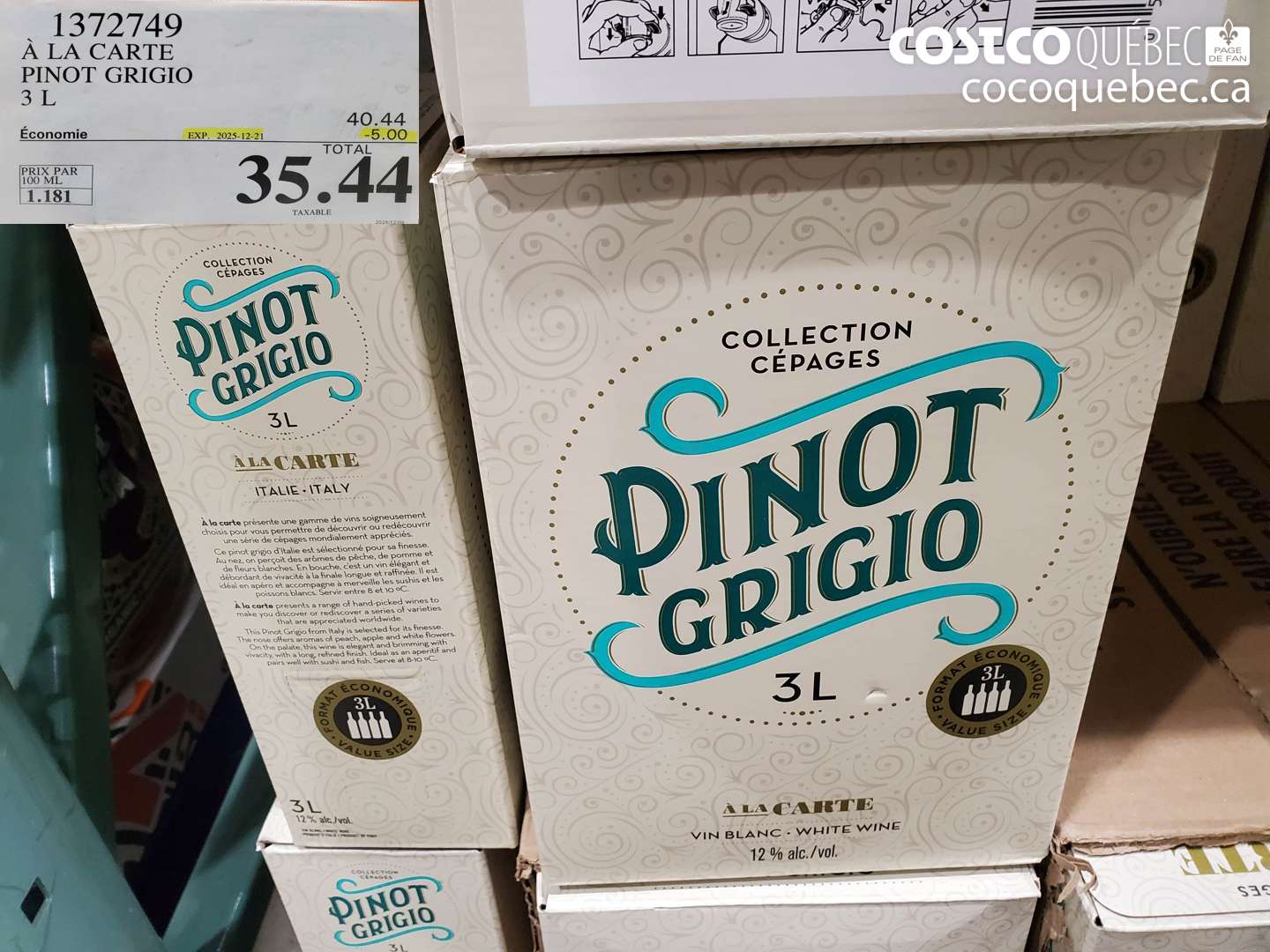1372749 À LA CARTE PINOT GRIGIO 3 L ($5.00 INSTANT SAVINGS EXPIRES ON 2025-12-21) $35.44