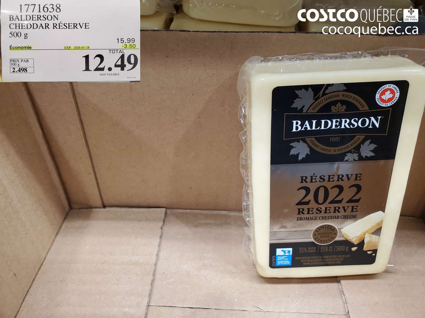 1771638 BALDERSON CHEDDAR RÉSERVE 500 g ($3.50 INSTANT SAVINGS EXPIRES ON 2026-01-18) $12.49