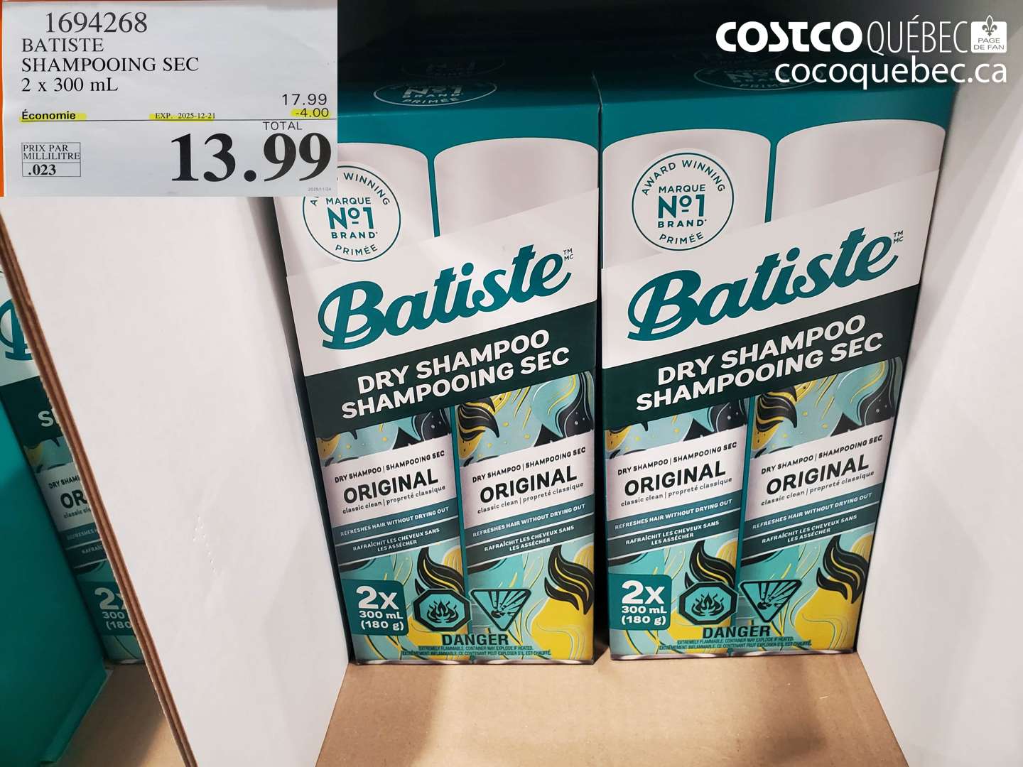 1694268 BATISTE SHAMPOING SEC 2 x 300 mL (EXPIRES ON 2025-12-21) $13.99