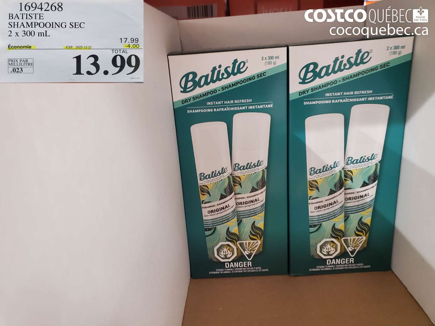 1694268 BATISTE SHAMPOOING SEC 2 x 300 mL ($4.00 INSTANT SAVINGS EXPIRES ON 2025-12-21) $13.99