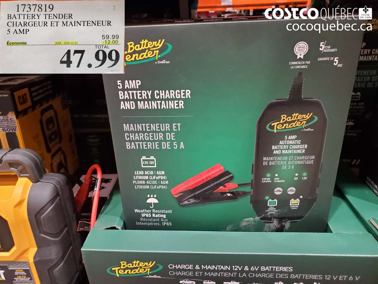 1737819 BATTERY TENDER CHARGEUR ET MAINTENEUR 5 AMP ($12.00 INSTANT SAVINGS EXPIRES ON 2025-12-21) $47.99