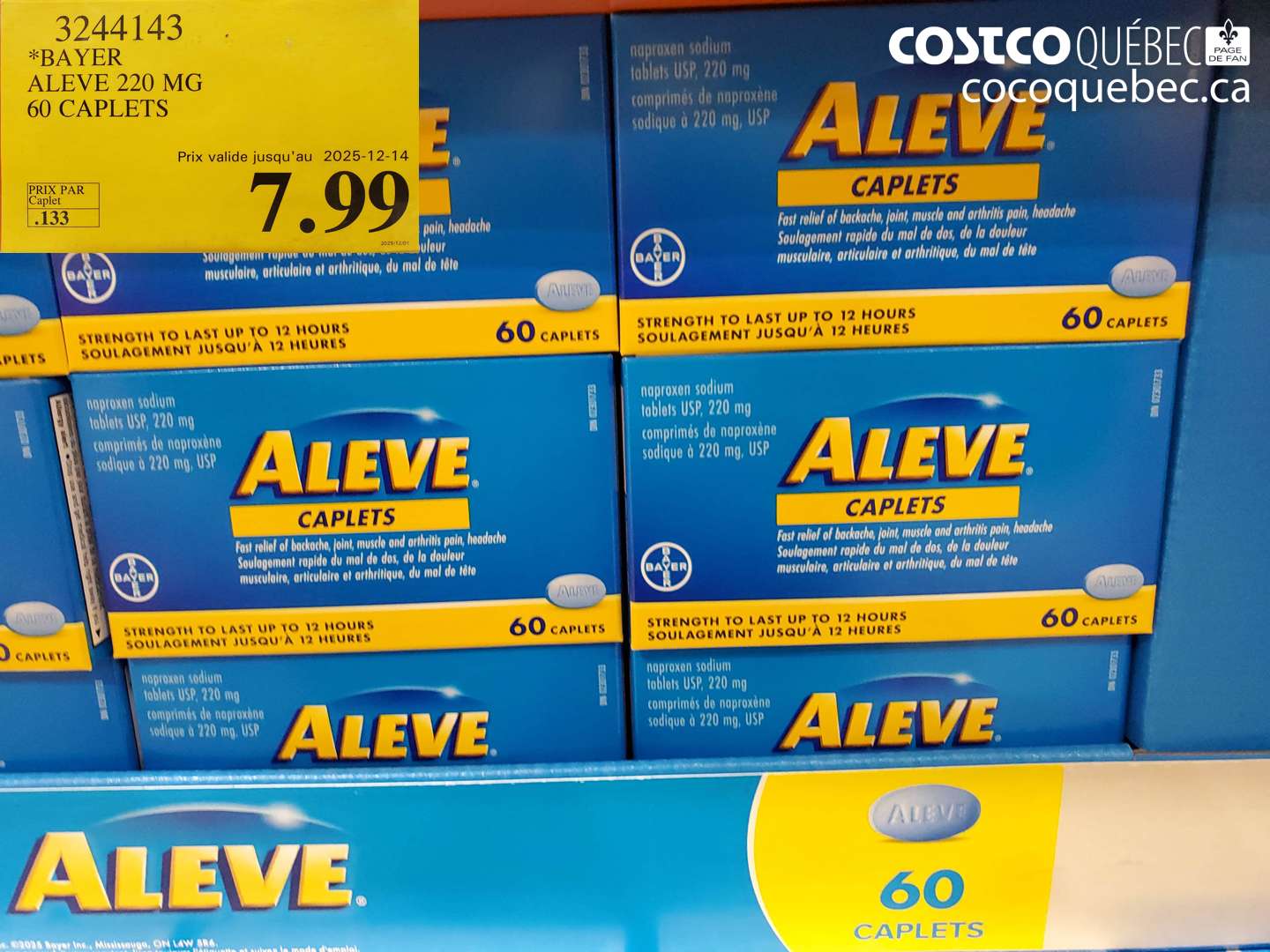 3244143 BAYER ALEVE 220 MG 60 CAPLETS (EXPIRES ON 2025-12-14) $7.99