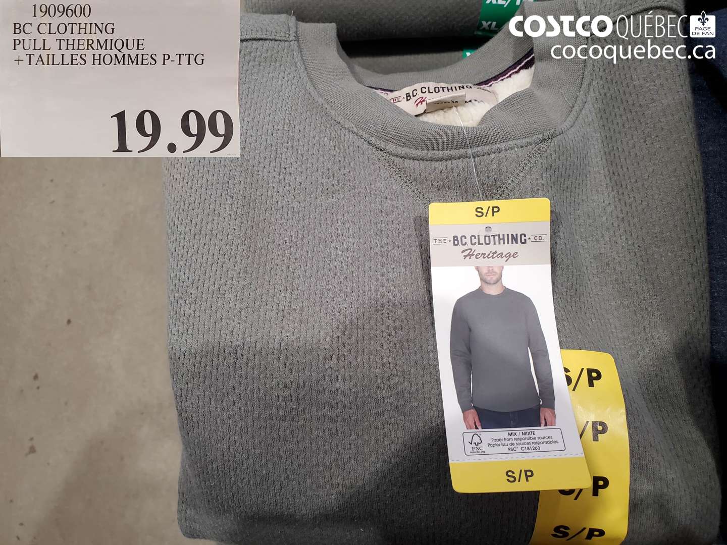 1909600 BC CLOTHING PULL THERMIQUE +TAILLES HOMMES P-TTG $19.99