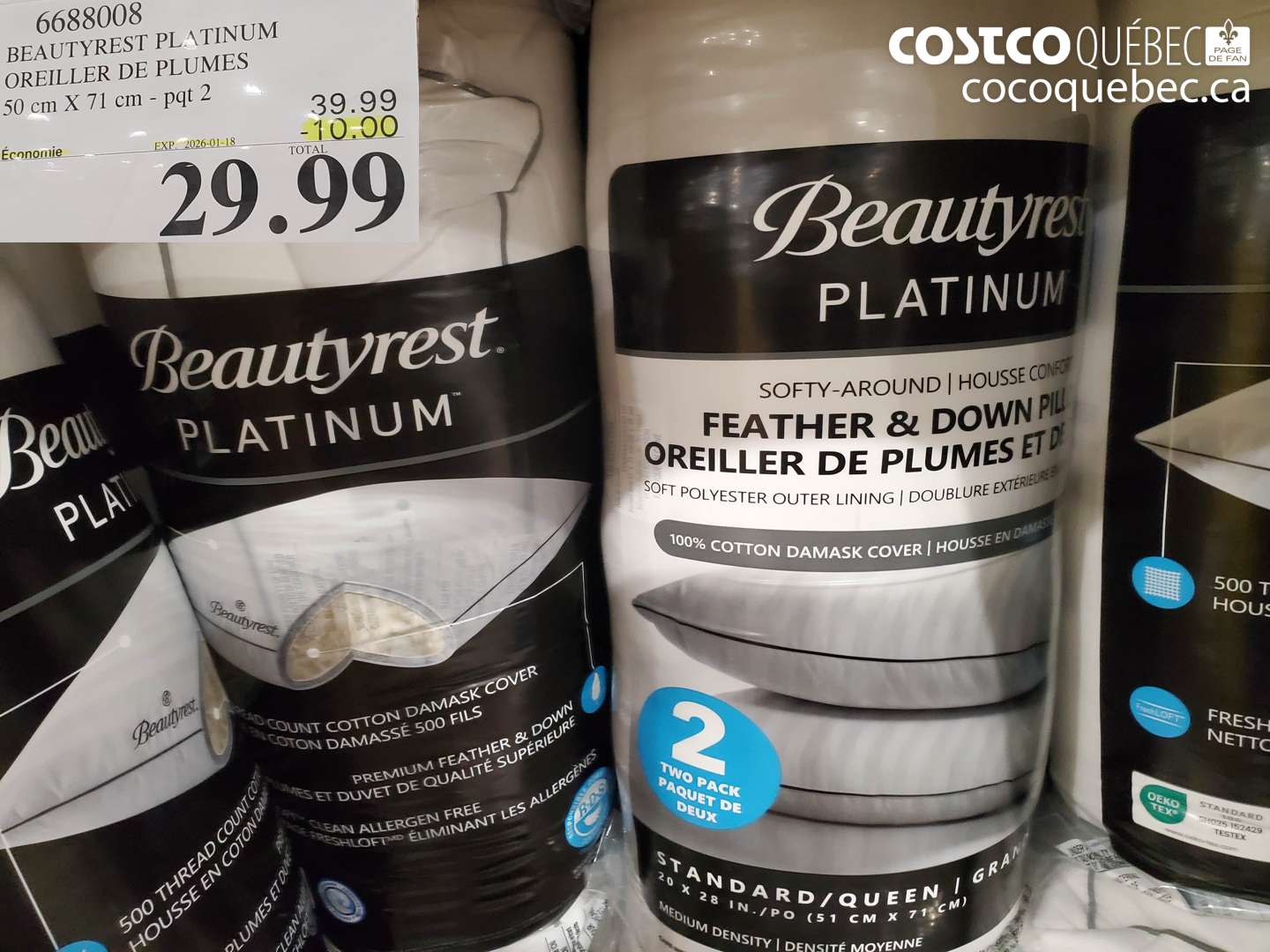 6688008 BEAUTYREST PLATINUM OREILLER DE PLUMES 50 cm X 71 cm - pqt 2 ($10.00 INSTANT SAVINGS EXPIRES ON 2026-01-18) $29.99