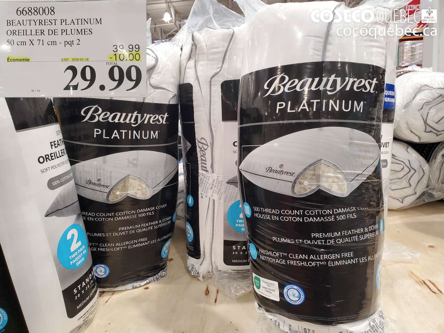 6688008 BEAUTYREST PLATINUM OREILLER DE PLUMES 50 cm X 71 cm - pqt 2 ($10.00 INSTANT SAVINGS EXPIRES ON 2026-01-18) $29.99