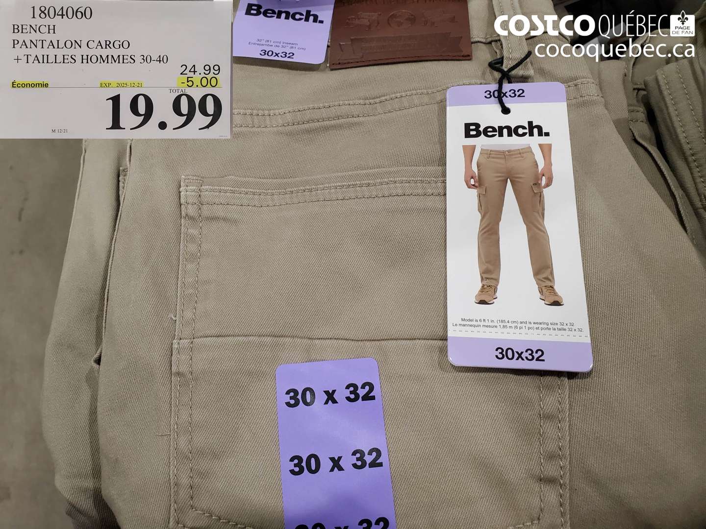 1804060 BENCH PANTALON CARGO +TAILLES HOMMES 30-40 ($5.00 INSTANT SAVINGS EXPIRES ON 2025-12-21) $19.99