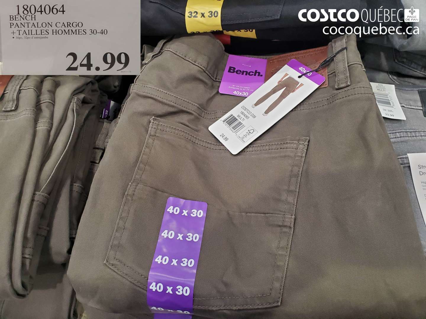 1804064 BENCH PANTALON CARGO + TAILLES HOMMES 30-40 $24.99