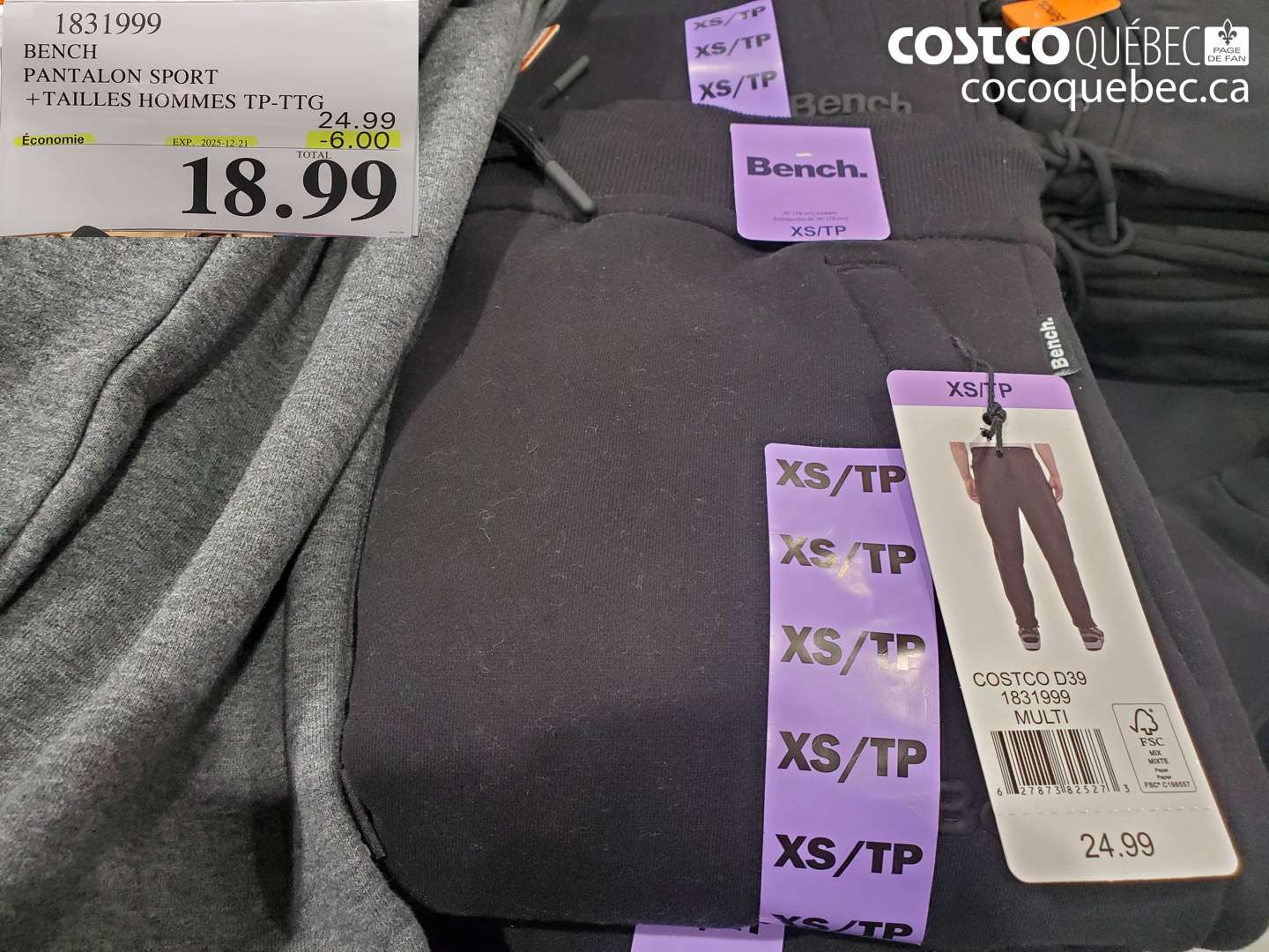 1831999 BENCH PANTALON SPORT +TAILLES HOMMES TP-TTG (EXPIRES ON 2025-12-21) $18.99