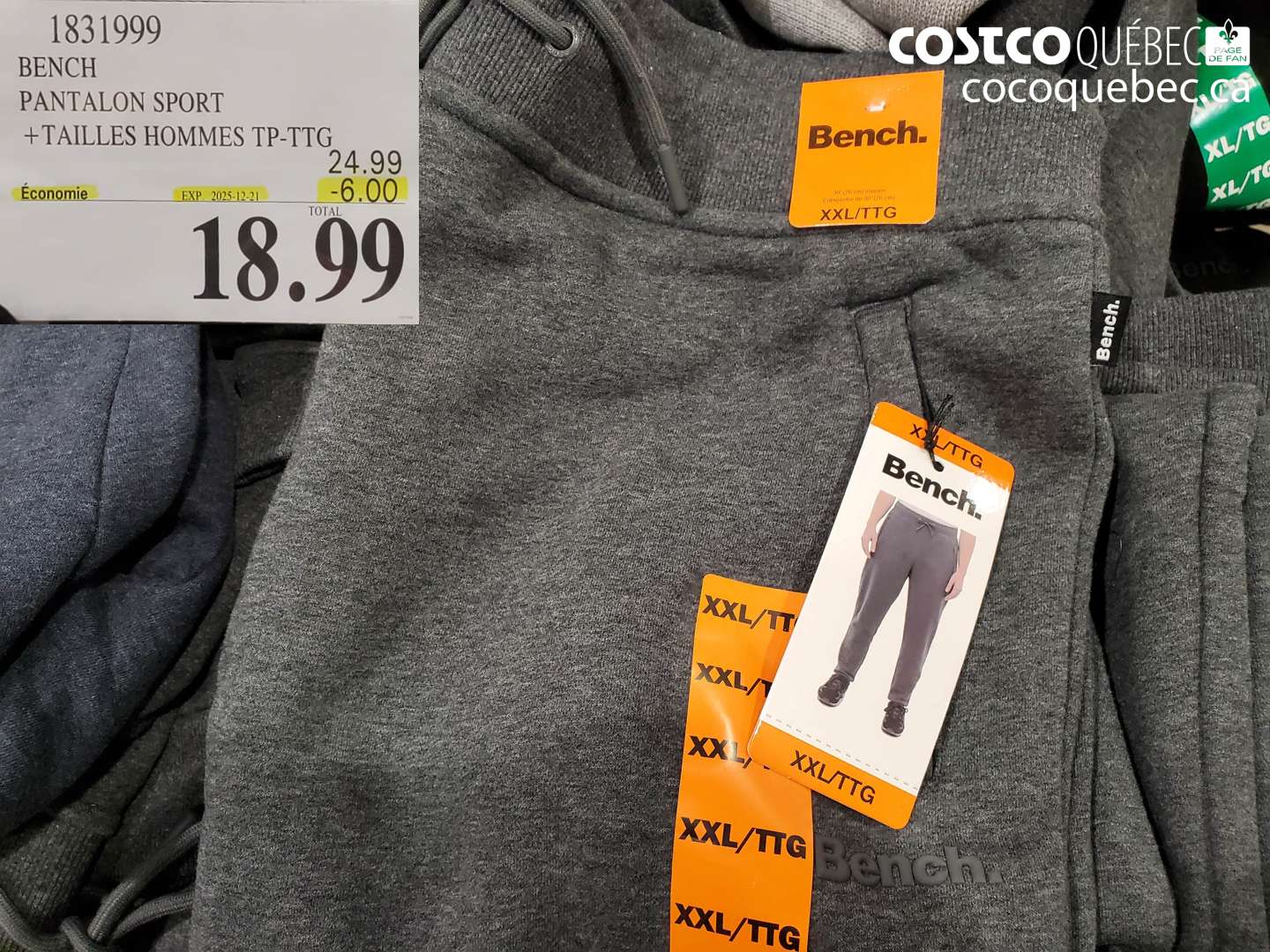1831999 BENCH PANTALON SPORT + TAILLES HOMMES TP-TG ($6.00 INSTANT SAVINGS EXPIRES ON 2025-12-21) $18.99