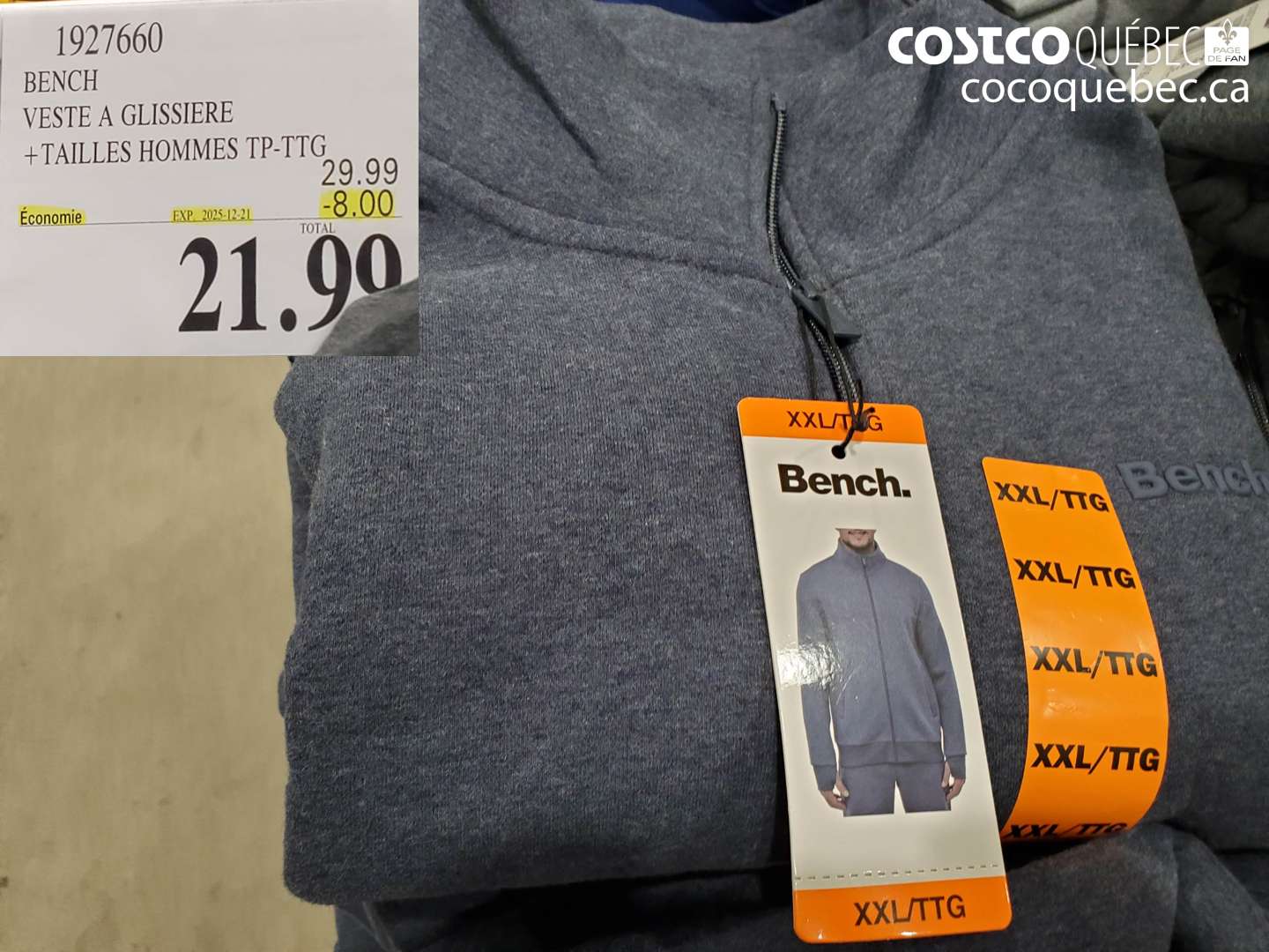 1927660 BENCH VESTE A GLISSIERE +TAILLES HOMMES TP-TTG ($8.00 INSTANT SAVINGS EXPIRES ON 2025-12-21) $21.90