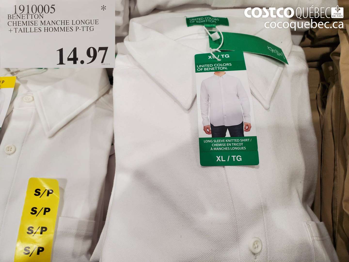 1910005 BENETTON CHEMISE MANCHE LONGUE + TAILLES HOMMES P-TTG $14.97