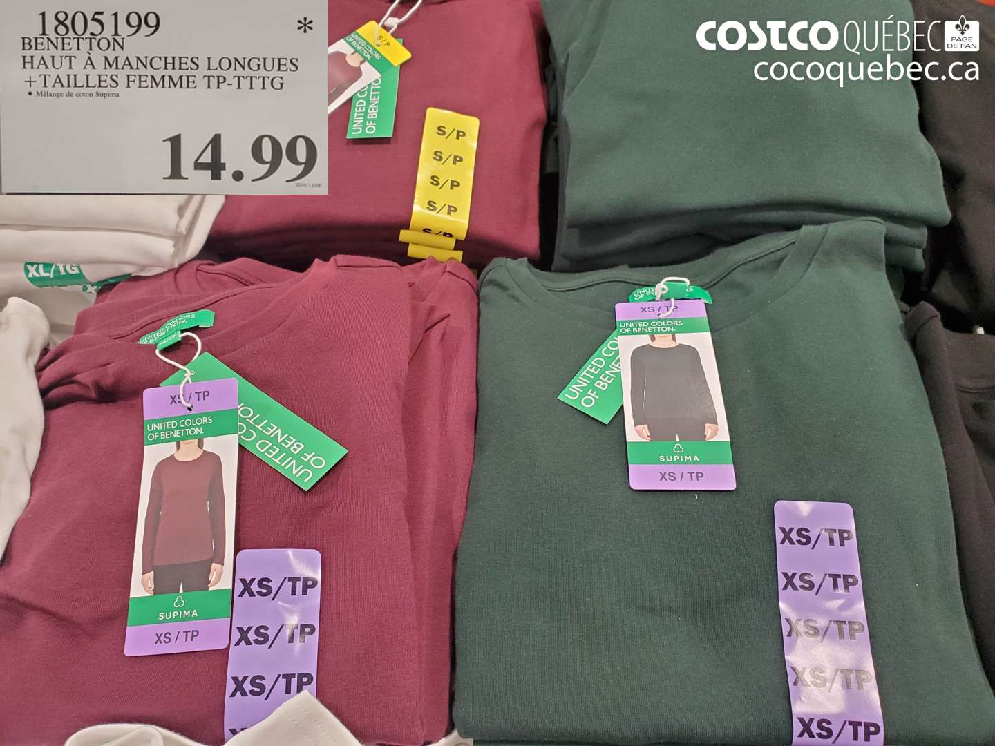 1805199 BENETTON HAUT À MANCHES LONGUES + TAILLES FEMME TP-TTIG $14.99