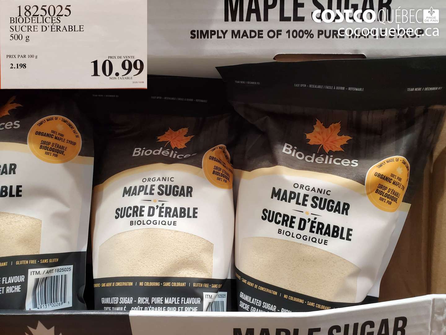 1825025 BIODELICES SUCRE D'ÉRABLE 500 g $10.99