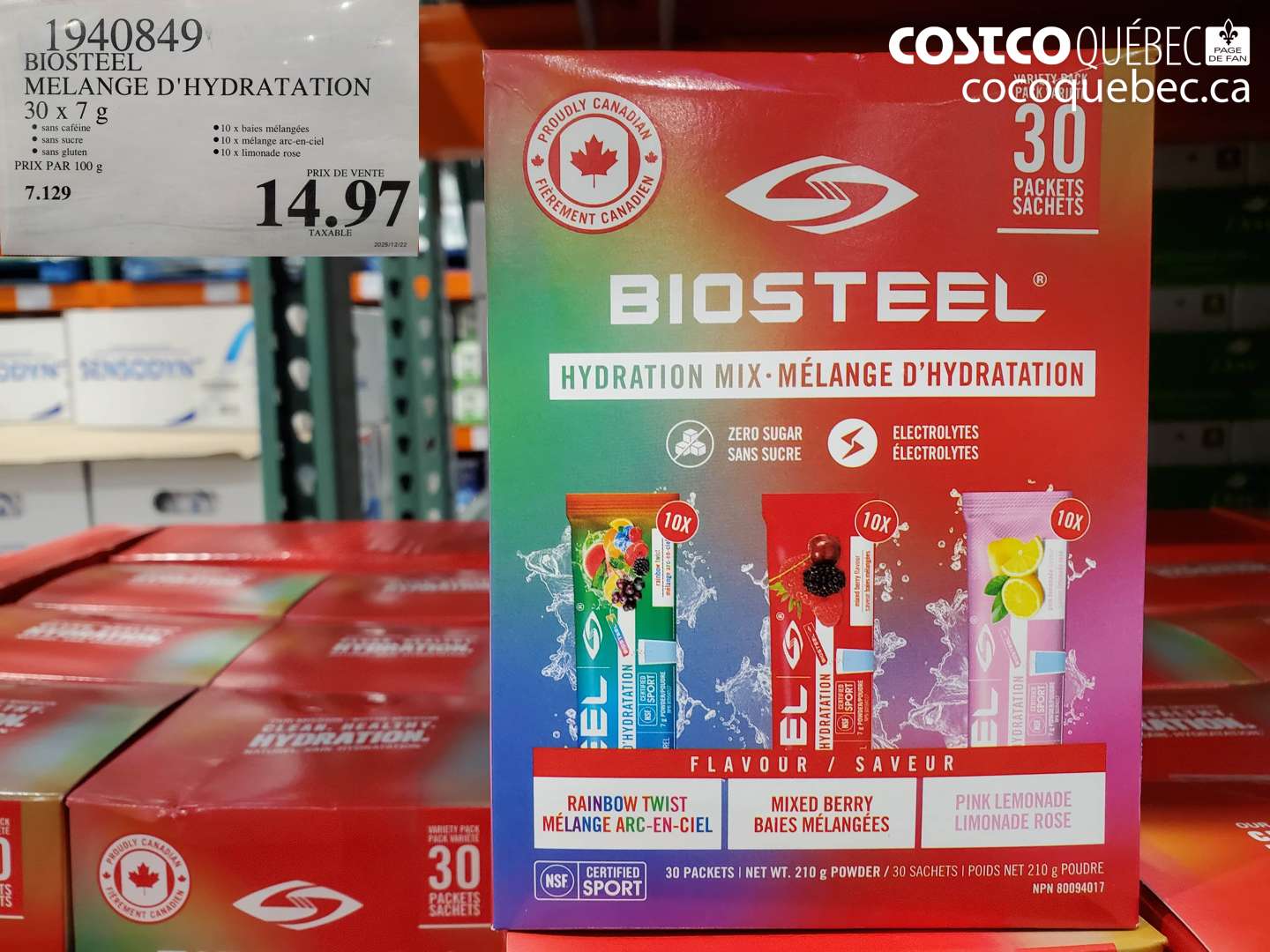 1940849 BIOSTEEL MELANGE D'HYDRATATION 30 x 7 g $14.97