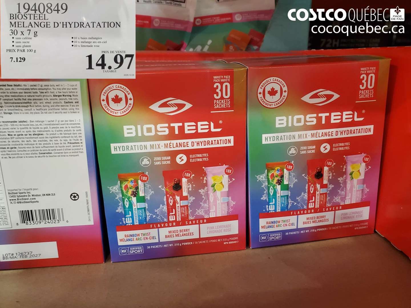 1940849 BIOSTEEL MELANGE D'HYDRATATION 30 x 7 g $14.97