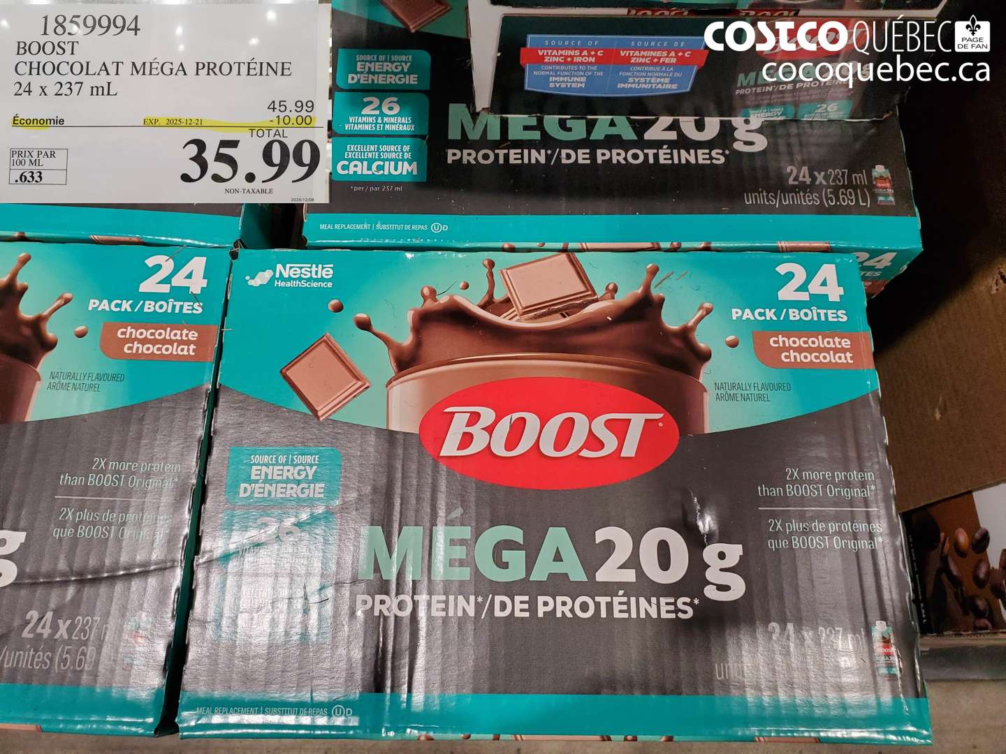 1859994 BOOST CHOCOLAT MÉGA PROTÉINE 24 x 237 mL ($10.00 INSTANT SAVINGS EXPIRES ON 2025-12-21) $35.99