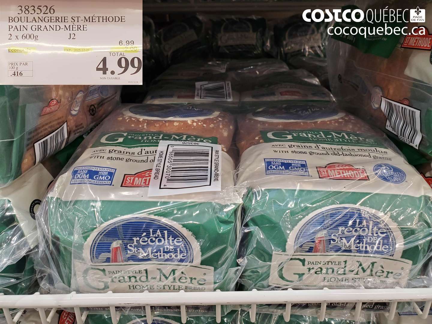 383526 BOULANGERIE ST-MÉTHODE PAIN GRAND-MÈRE 2 x 600g J2 ($2.00 INSTANT SAVINGS EXPIRES ON 2025-12-21) $4.99
