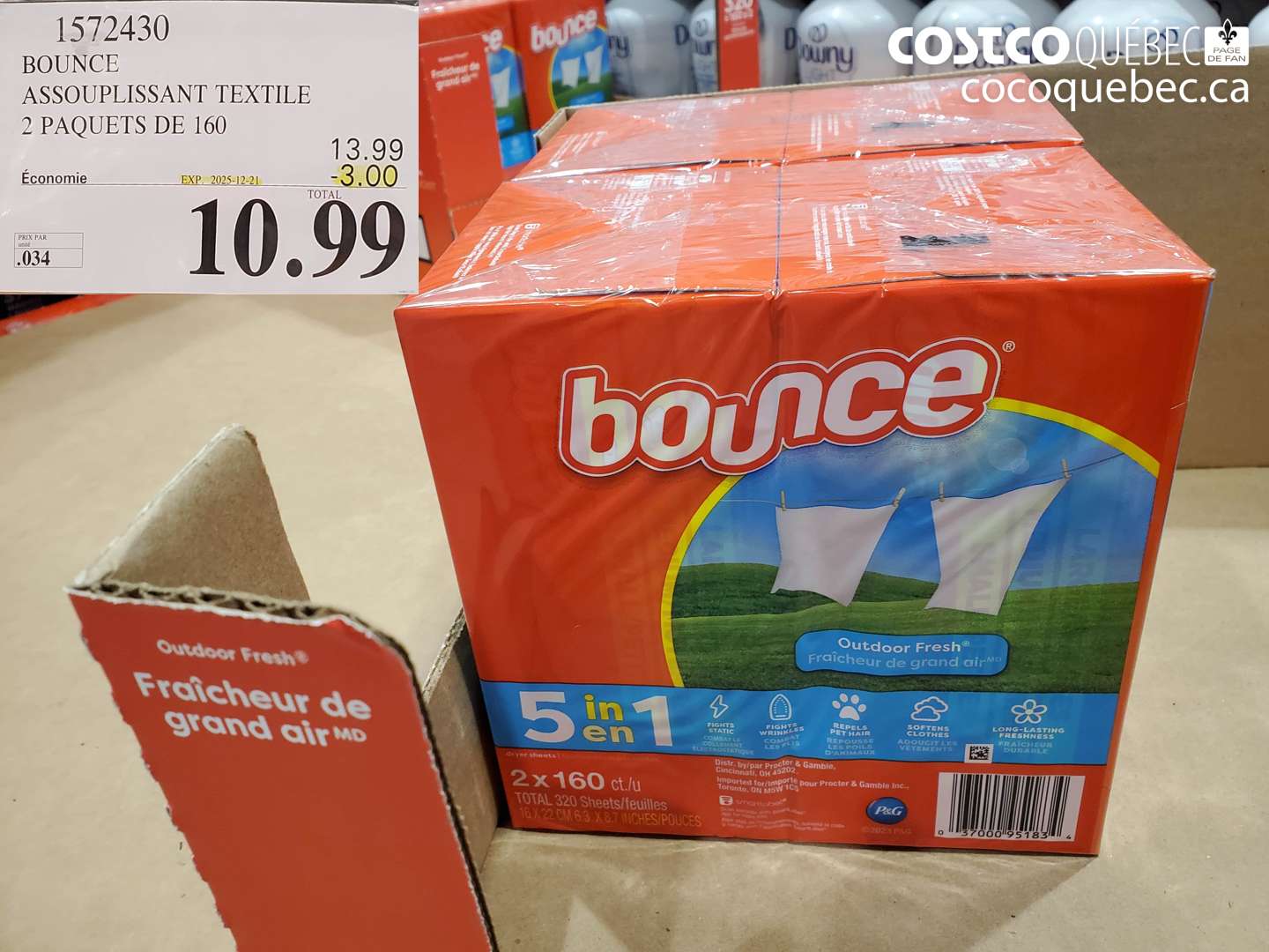 1572430 BOUNCE ASSOUPLISSANT TEXTILE 2 PAQUETS DE 160 ($3.00 INSTANT SAVINGS EXPIRES ON 2025-12-21) $10.99