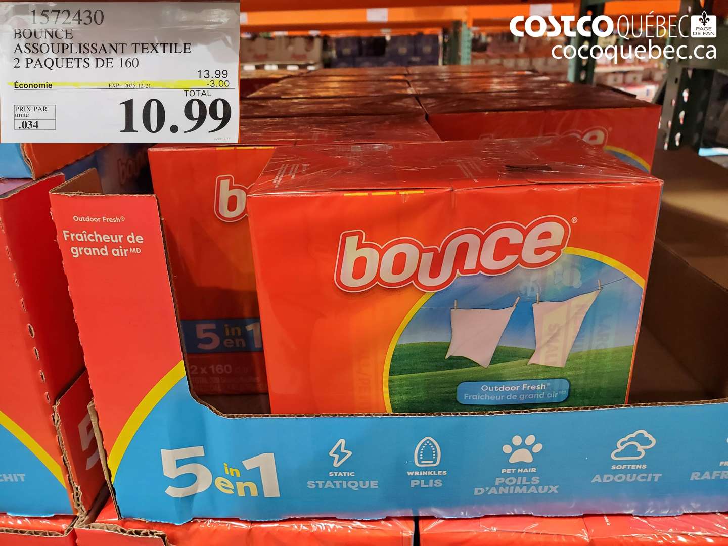 1572430 BOUNCE ASSOUPLISSANT TEXTILE 2 PAQUETS DE 160 ($3.00 INSTANT SAVINGS EXPIRES ON 2025-12-21) $10.99