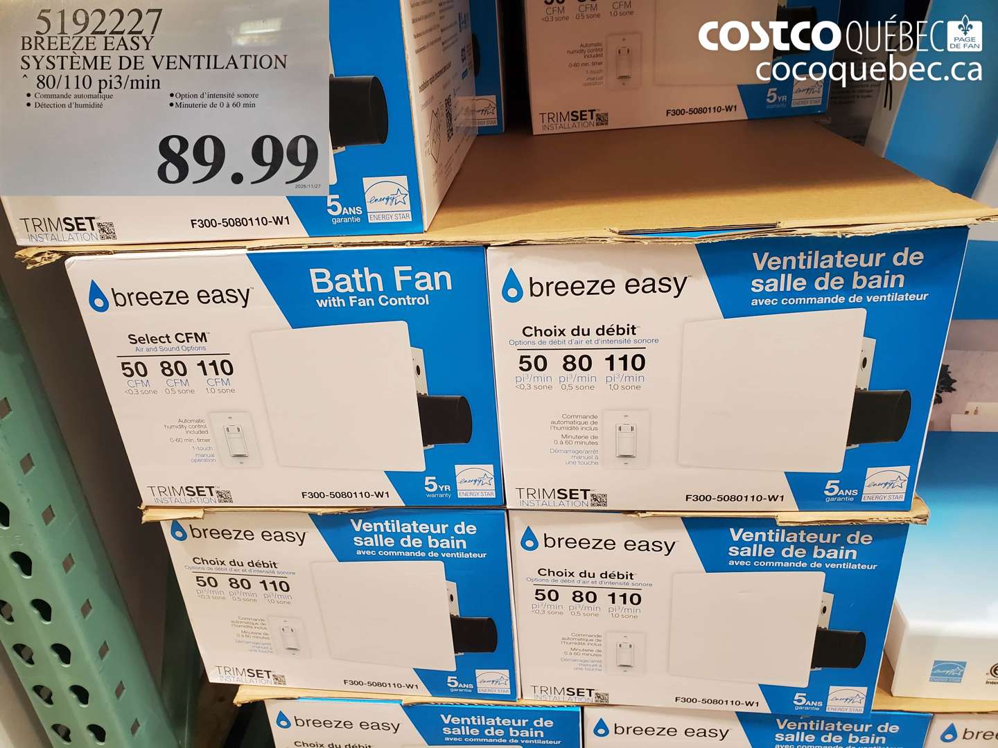 5192227 BREEZE EASY SYSTÈME DE VENTILATION 80/110 pi3/min $89.99