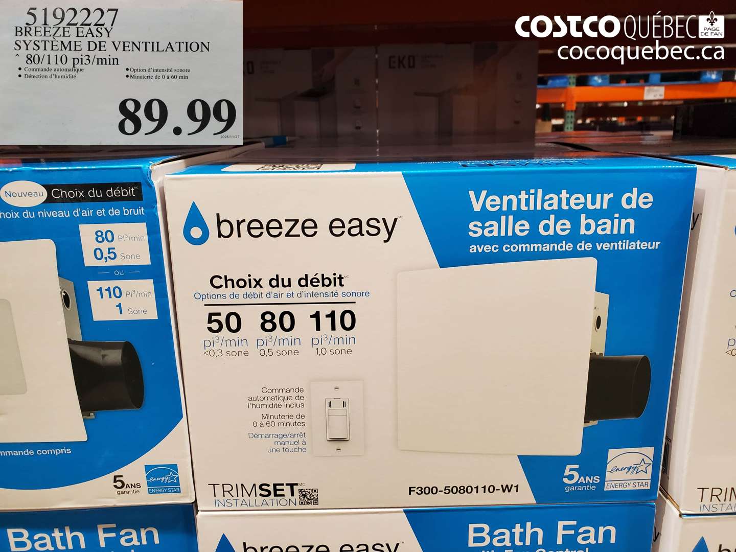 5192227 BREEZE EASY SYSTÈME DE VENTILATION - 80/110 pi3/min $89.99