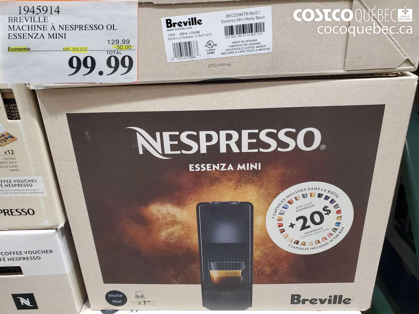 1945914 BREVILLE MACHINE À NESPRESSO ESSENZA MINI (EXPIRES ON 2025-12-21) $99.99