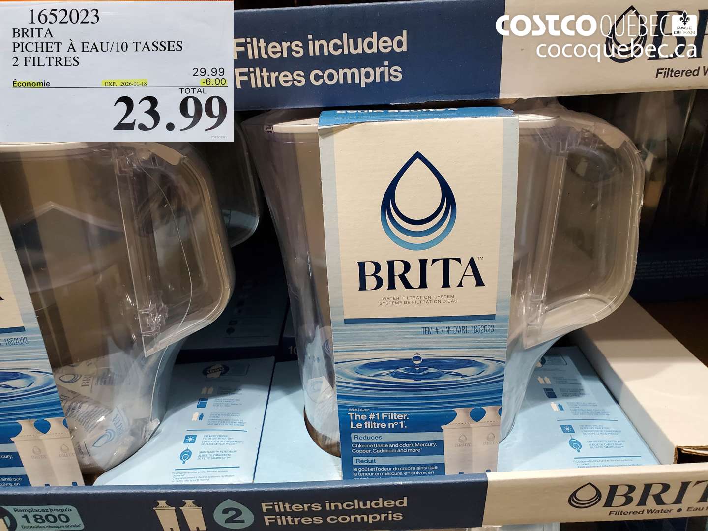 1652023 BRITA PICHET À EAU/10 TASSES 2 FILTRES ($6.00 INSTANT SAVINGS EXPIRES ON 2026-01-18) $23.99