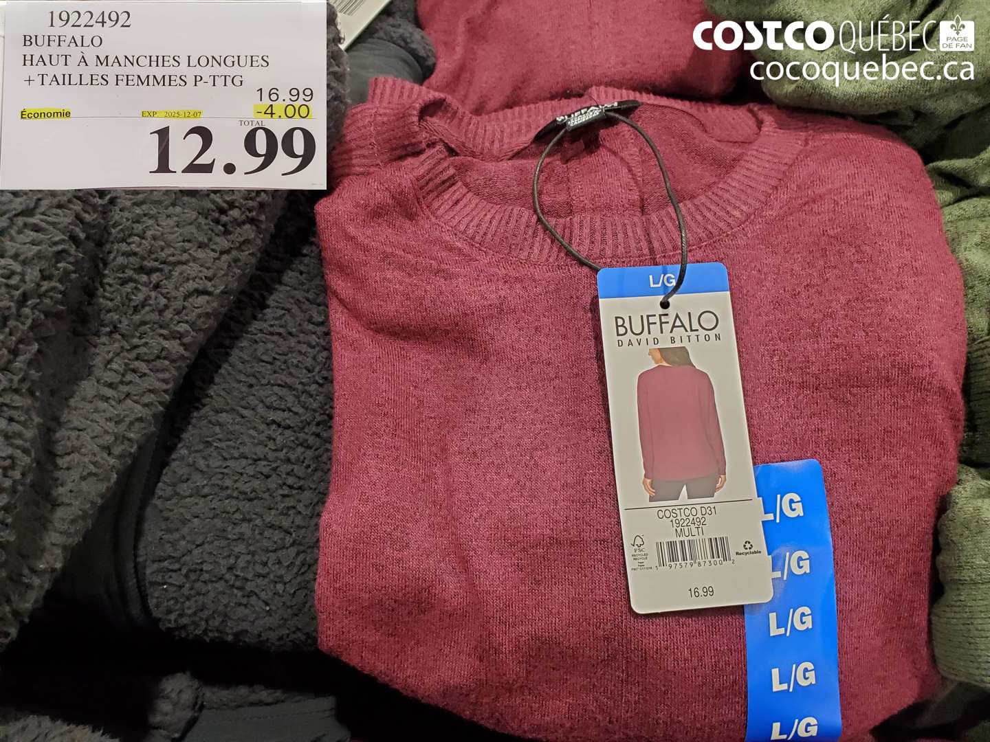 1922492 BUFFALO HAUT A MANCHES LONGUES +TAILLES FEMMES P-TTG ($4.00 INSTANT SAVINGS EXPIRES ON 2025-12-07) $12.99
