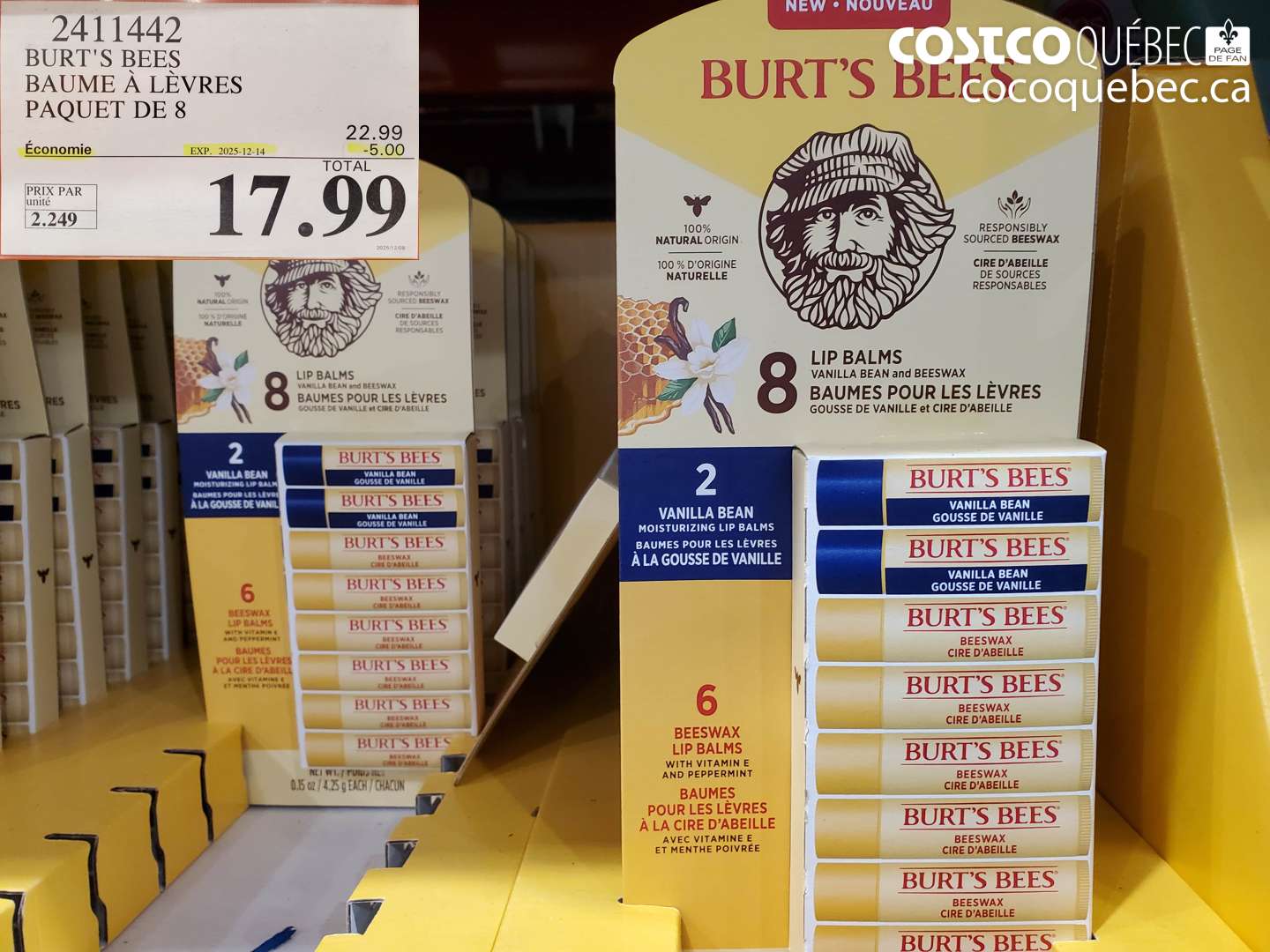 2411442 BURT'S BEES BAUME À LÈVRES PAQUET DE 8 (EXPIRES ON 2025-12-14) $17.99