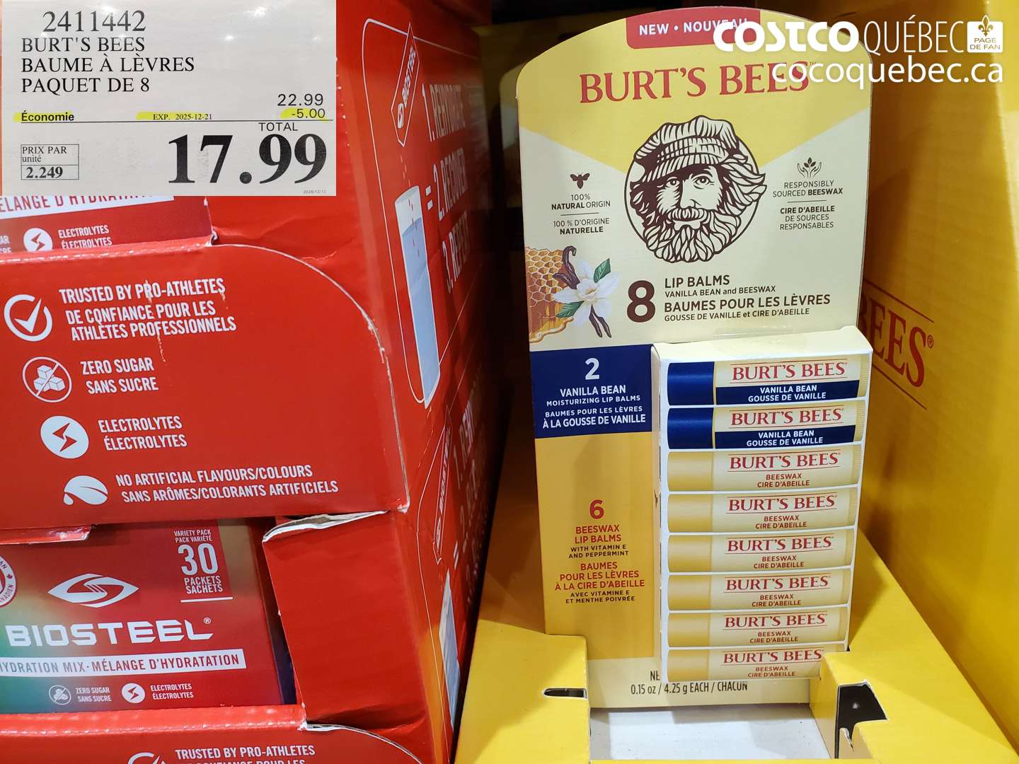 2411442 BURT'S BEES BAUME À LÈVRES PAQUET DE 8 (EXPIRES ON 2025-12-21) $17.99