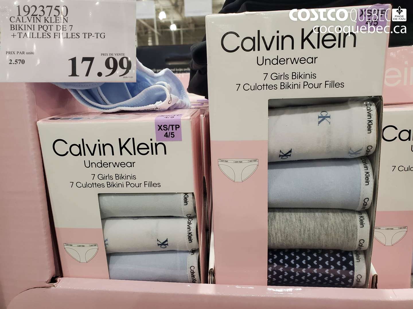 1923750 CALVIN KLEIN BIKINI PQT DE 7 + TAILLES FILLES TP-TG $17.99