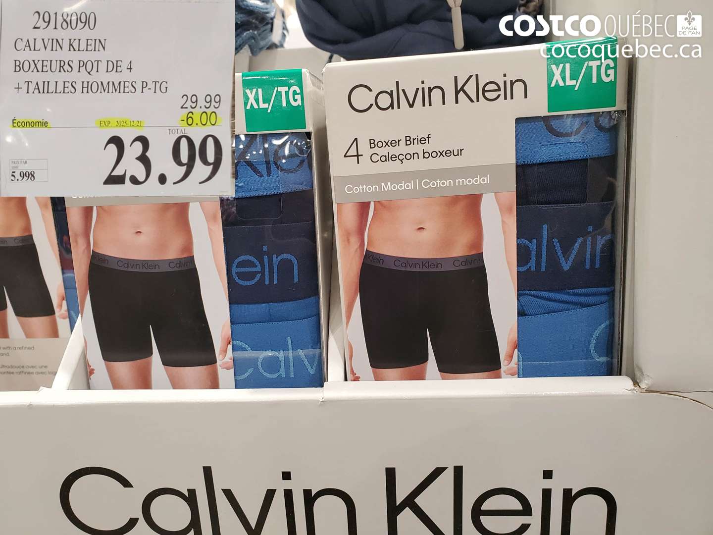 2918090 CALVIN KLEIN BOXEURS PQT DE 4 +TAILLES HOMMES P-TG ($6.00 INSTANT SAVINGS EXPIRES ON 2025-12-21) $23.99
