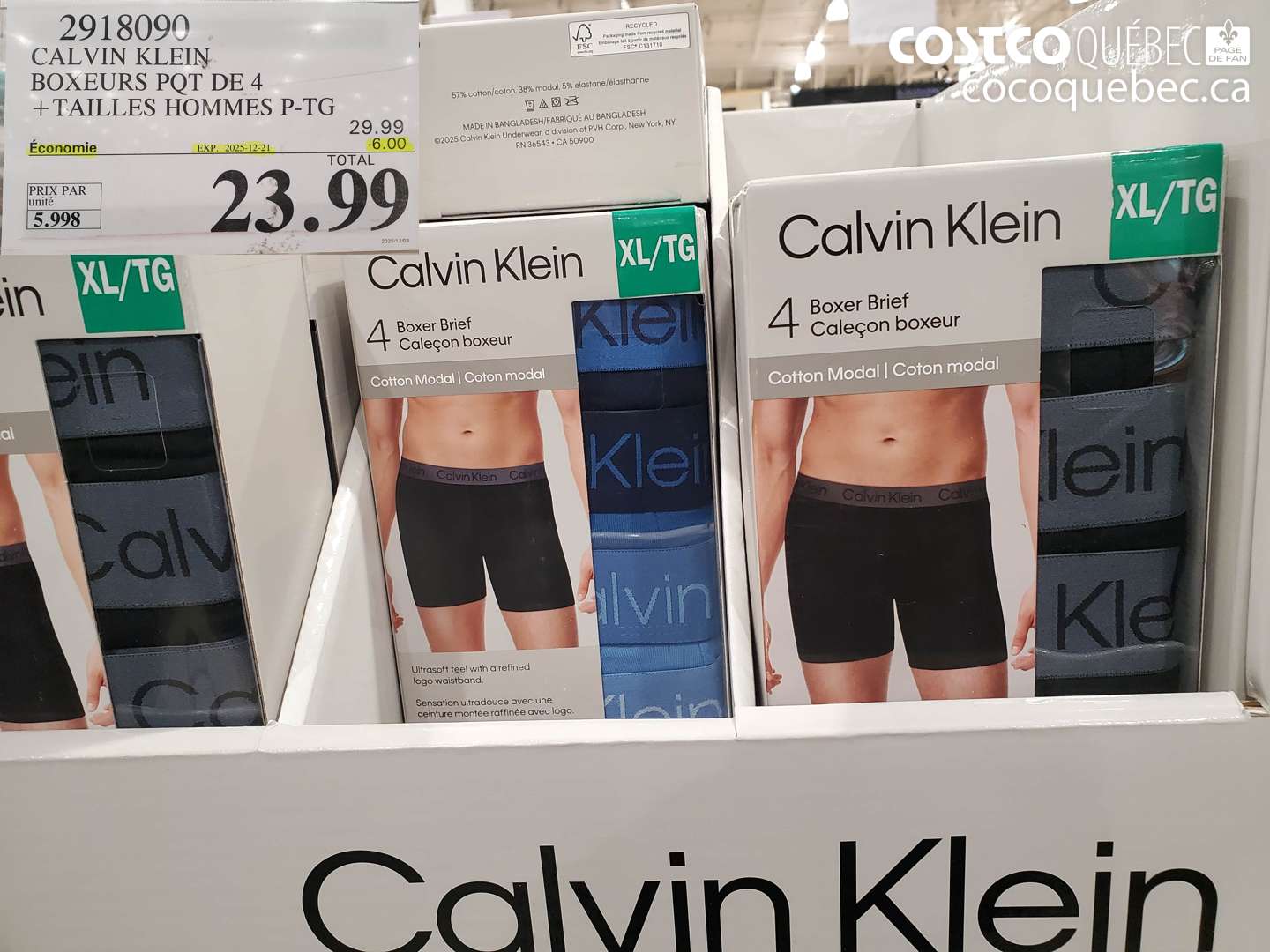 2918090 CALVIN KLEIN BOXEURS PQT DE 4 + TAILLES HOMMES P-TG (EXPIRES ON 2025-12-21) $23.99